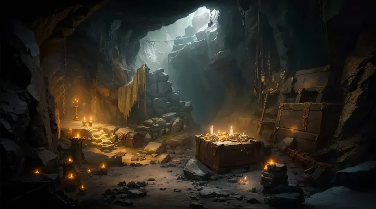 There is a dark cave with lots of coins and treasure chests full of coins，There are lots of rocks and lights inside,  dramatic lighting.  conceptual art, Dungeon Background ， Candlelight Catacombs ,Middle Ages D&Mood,  Fantasy Role Playing Game Weapon Art ...