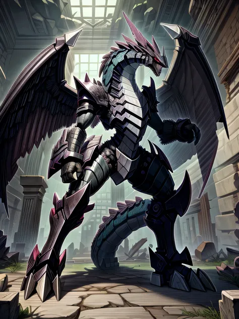 detailed 8k behemoth dragon robot with big wings, totally cerulean with black details (humanoid body)inside the ruins