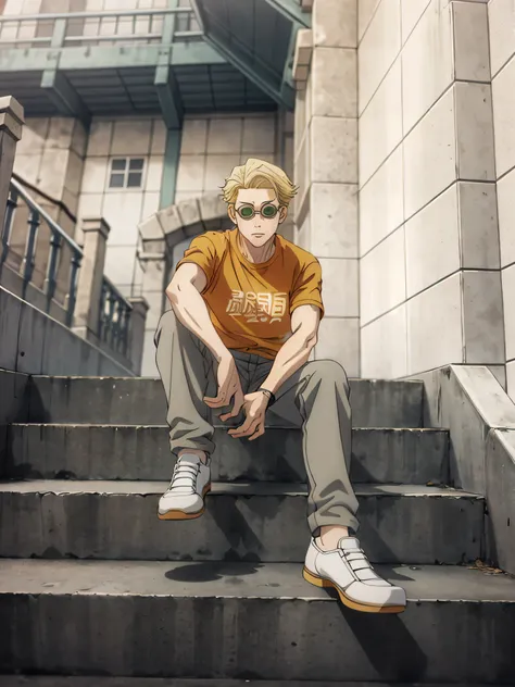 there is a man sitting on the steps of a building, wearing an orange t-shirt, wearing an orange t shirt, casual photography, sitting on a grand staircase, random artist, sitting on temple stairs, mohamed chahin style, with a cool pose, inspired by David Di...