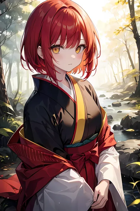  one woman、 red hair、Bangs、 Short Hair、 yellow eyes、Slanted Eyes、yellow and black kimono、Forest with Light 、Mysterious、 Soft Light 、 anime style 、 masterpiece