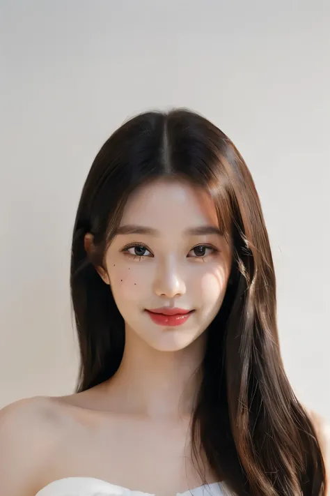 (masterpiece, top quality, best quality, (close-up photograph: 2), ((1girl)), korean, slim face, fair skin, (extremely detailed face), ((looking at viewer)), ((((ultra-detailed eyes and pupils)))), ((bare pectorals)), ((bare chest)), ((tube dress)), bare h...