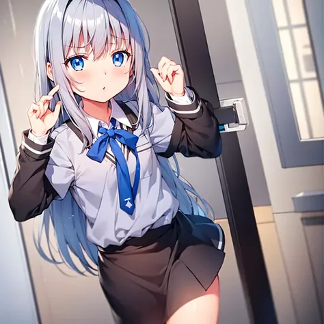 1 girl, gray hair, blue eyes,uniform,dignified, flat chest, is standing,long hair