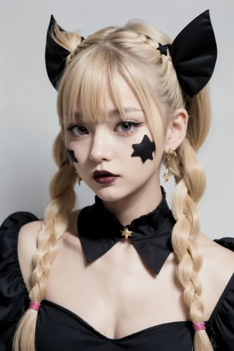 A photo of an adorable Japanese girl with blonde twin braids, wearing black makeup and a cute costume with stars on her face. She has a hairstyle with two long pigtail buns. Her eyes have dark eyeliner, and she wears large star-shaped earrings. The plain w...