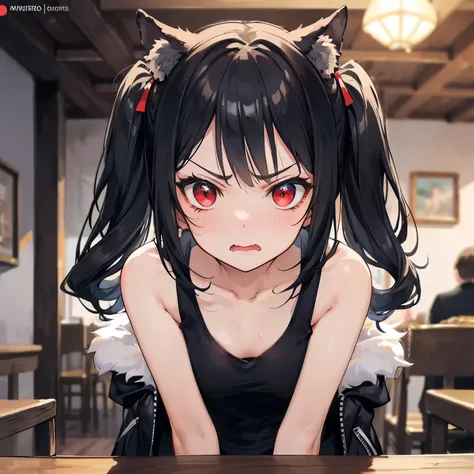 (v arms, bent over, shouting, angry, wavy mouth), (upper body), 1girl, solo, (looking viewer), standing, (loli:1.2), red eyes, black hair, medium hair, twin tails, ((cat_ears:0.9)), ((fur_black_jacket, white fur), (black tank top), (abs:0.7), (blurry backg...