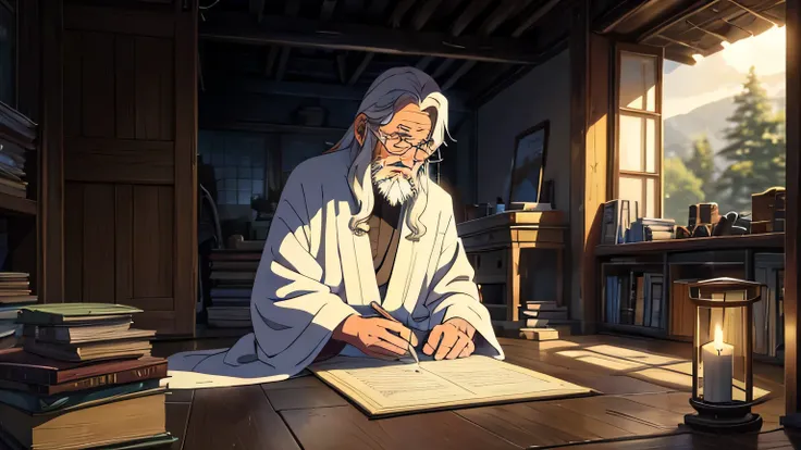  An elderly, bearded man writing on the floor or table in a calm and lofi style.  He has long white hair , a gentle and wise expression, and wears a flowing robe. he is sitting on the floor, focused as he writes with his finger or a simple stick. The scene...