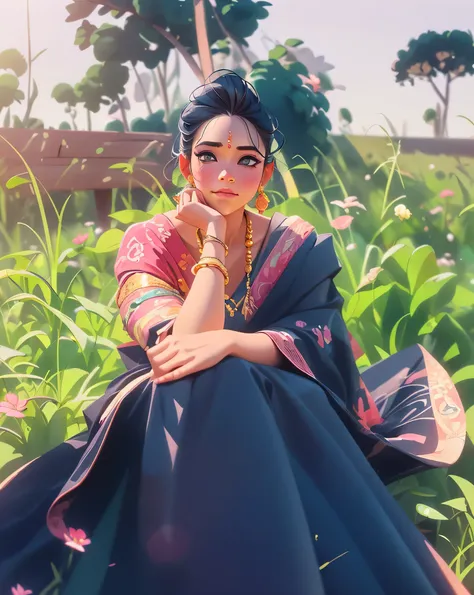 there is a woman sitting on a bench in a field, assamese aesthetic, wearing bihu dress mekhela sador, assamese, inspired by Sunil Das, traditional beauty, inspired by T. K. Padmini, by Sunil Das, inspired by Bikash Bhattacharjee, portait image, nivanh chan...