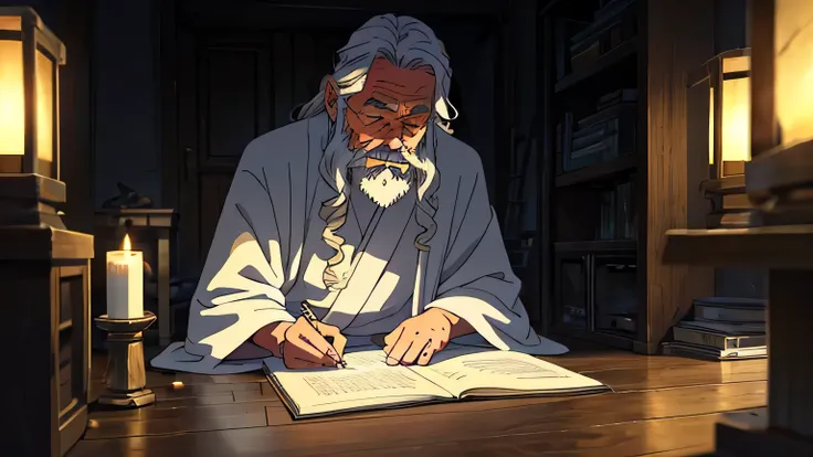  An elderly, bearded man writing on the floor or table in a calm and lofi style.  He has long white hair , a gentle and wise expression, and wears a flowing robe. he is sitting on the floor, focused as he writes with his finger or a simple stick. The scene...