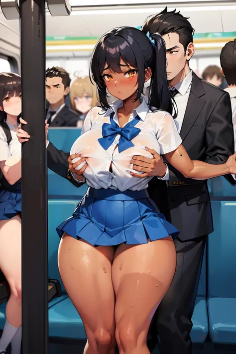 hot, tan lines, tanlines. sweating, sweaty, tan line,black hair, dark skin,  huge breasts, surrounded , surrounded in train, crowded train, blue bow, wearing blue bow, surrounded in crowded train, white shirt, blue skirt, huge breasts, curvy, school unifor...