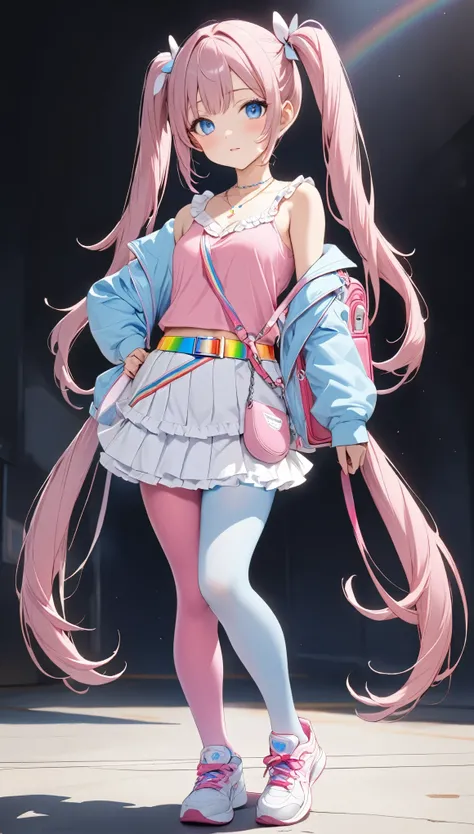 (( Light Blue and Pink Multicolor Twin Tails:1.8))、((masterpiece,Best Quality, ultra high resolution))、(((25-year-old woman)))、（Anime face、delicate、 dynamic、Healthy Body）、（Height: 160cm）、(( anatomically correct body ))、（ small breasts:0.7）、（Focus on the fa...