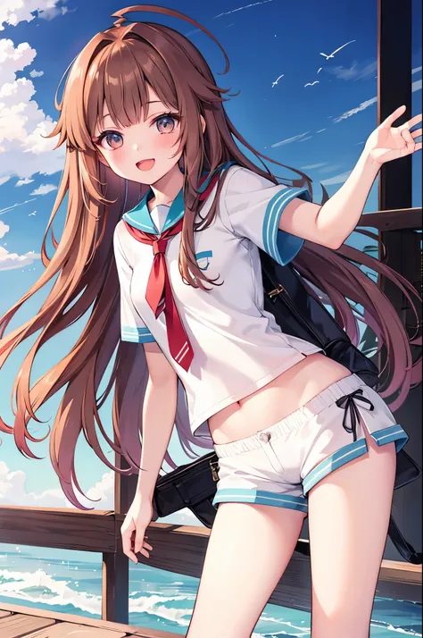 1young_teen_ girl,  brown_hair, long_hair, sailor_uniform,white_ baggy_shorts, short_sleeve, thighs, small_breasts, big_smile, open_mouth, standing, harbor_background, slightly_spread_legs, happiness, covered_crotch,ahoge,XD,exciting,