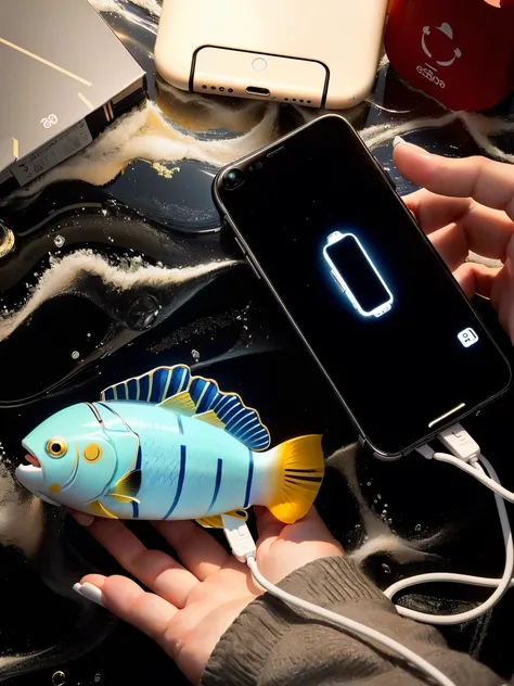  Someone holding a phone and a small fish with a battery, 480p, 4 8 0 points, Cartoon般可爱, Cute toys, 3 6 0 points, 2020 Fashion, Cartoon, Dali lobster phone , Small device, iPhone video , 360 degrees,  makes the sea glow , 🔥 😎 🕹️ 👀 :2