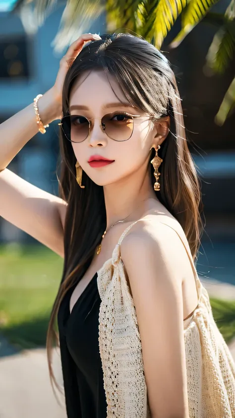 beautiful woman, pro lighting, photorealistic, Realistic face details, complicated details, 8k, ultra high details, dynamic camera angle, hips up, earrings, sunglasses, 