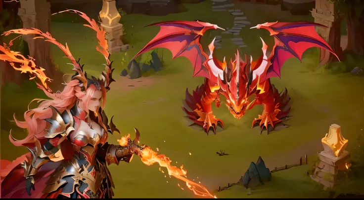 there is a woman with a dragon and a dragon on her back, dragon knight, flame conjuring armored, infernal nymph!!!, epic dragon, xianxia hero, wrath flame and ruin, red demon armor, dragon in dragon lair, human and dragon fusion, giesha demon, lightning dr...