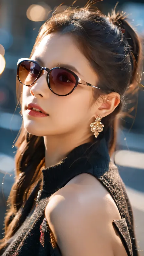 beautiful woman, pro lighting, photorealistic, Realistic face details, complicated details, 8k, ultra high details, dynamic camera angle, hips up, earrings, sunglasses, 