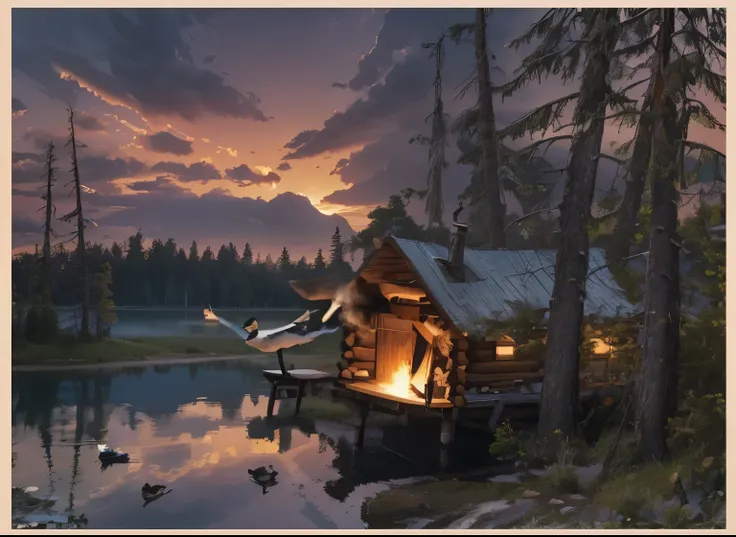 Man flies out and wood-roofed door from trunks of cabin, levitates over lake, ducks swimming in lake. Steam comes out of the door of the hut and from chimney. Evening. Behind the lake dark spruce forest, evening sky, sunset, the sun is not in the frame. Ul...