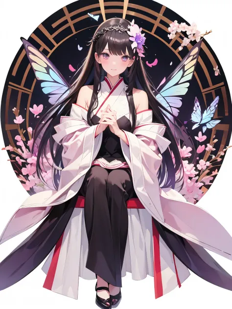 1 Sister,  alone ,  looks at the audience, Blushing,  Background and  ,  black hair , Headdress, Long sleeve,  white background , Everlasting, Full body female love, Flowers bloom, Purple, Hair Flower, OK, Butterfly,  masterpiece , Recent quality, 最OK细节,  ...