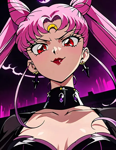 sailor moon wicked lady, pink hair, red eyes, ,  black crescent moon mark on forehead , very evil smirk,beautiful body,shaded fa...