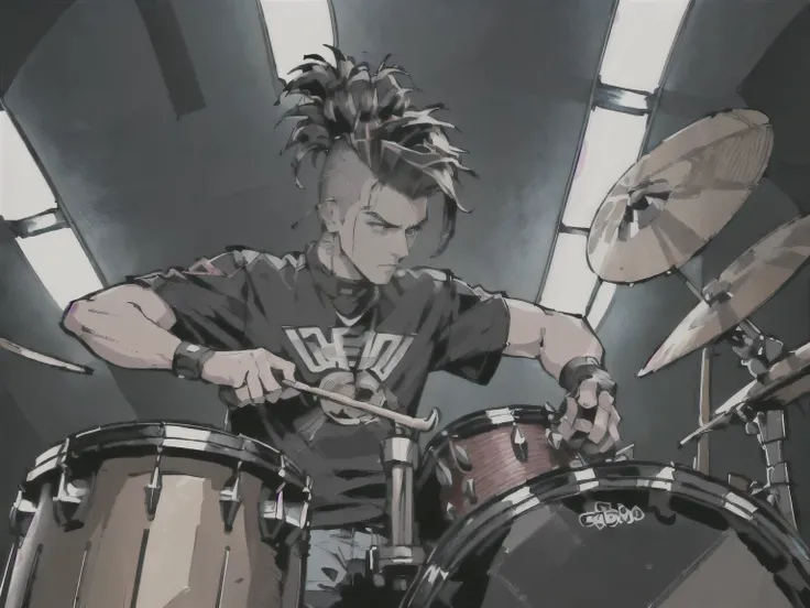 ((best quality, 4k, 8k, highres, masterpiece:1.2, ultra-detailed,Correct Anatomy)), (((Male: Drummer, Android, Robot, Hairstyle: Mohawk, Playing drums at high speed))) (((Punk rock band member))), singing, on stage,((cyber punk)),(((Focus on the man playin...