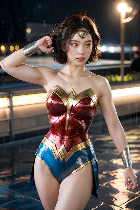 18 year old girl, Wonder Woman suit, short curly hair, blonde hair, beautiful face, rain, roof, masterpiece, exquisite details, perfect anatomy, fighting stance