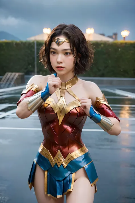 18 year old girl, wonder woman suit, short curly hair, blonde hair, beautiful face, rain, roof, masterpiece, exquisite details, ...