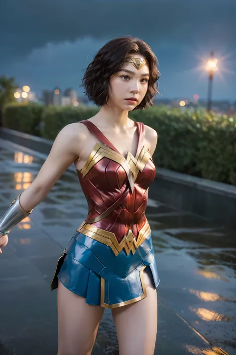18 year old girl, Wonder Woman suit, short curly hair, blonde hair, beautiful face, rain, roof, masterpiece, exquisite details, perfect anatomy, fighting stance