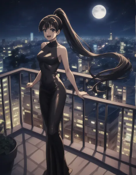 score_9, score_8_up, score_7_up, gsfghtr, long ponytail hair, black hair, thin bodycon dress, 1girl, sweet smile, open mouth, night, building balcony, balcony, city view, moon, starry sky,