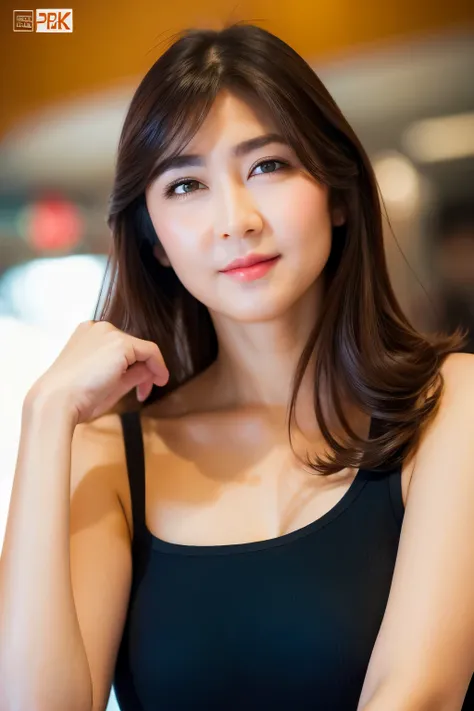 standing betwen seat, (black t-shirt), sleeveless t-shirt, cleavage, red skin skirt, looking at camera, front view, long hair, bangs, (detailed face), (airplane seat passenger background), tempting pose, potrait body, mouth closed, smiling, black eyes, 1 g...