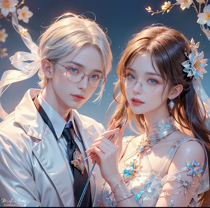 8K quality, Masterpiece, (Dazzling and fantastic lighting),  super real , High chroma, (Beautiful man with glasses), (Glasses 1.2), Whitening skin, brunette with bangs , (Big, bright blue eyes), (Crimson ribbon tie:1.2), Above chest, Three Piece, Flower Ga...