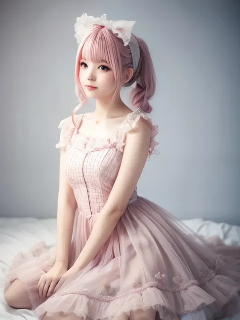 Super delicate and cute girl with pink hair in a Lolita dress. 8k Ultra HD, Delicate texture, Pure white background.