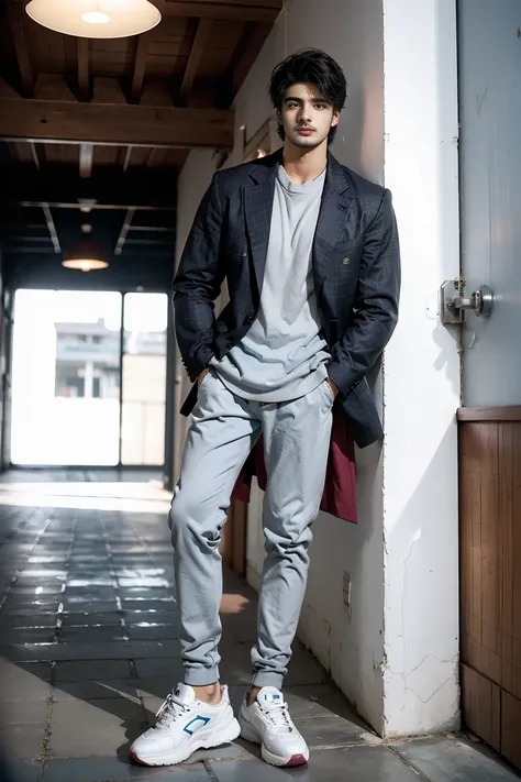 (face: Mariano di vaio), Maroon blazer + light blue shirt  + dark gray trouser  + white sneaker for 18 year old boy, standing, full_body view, full_body shot.