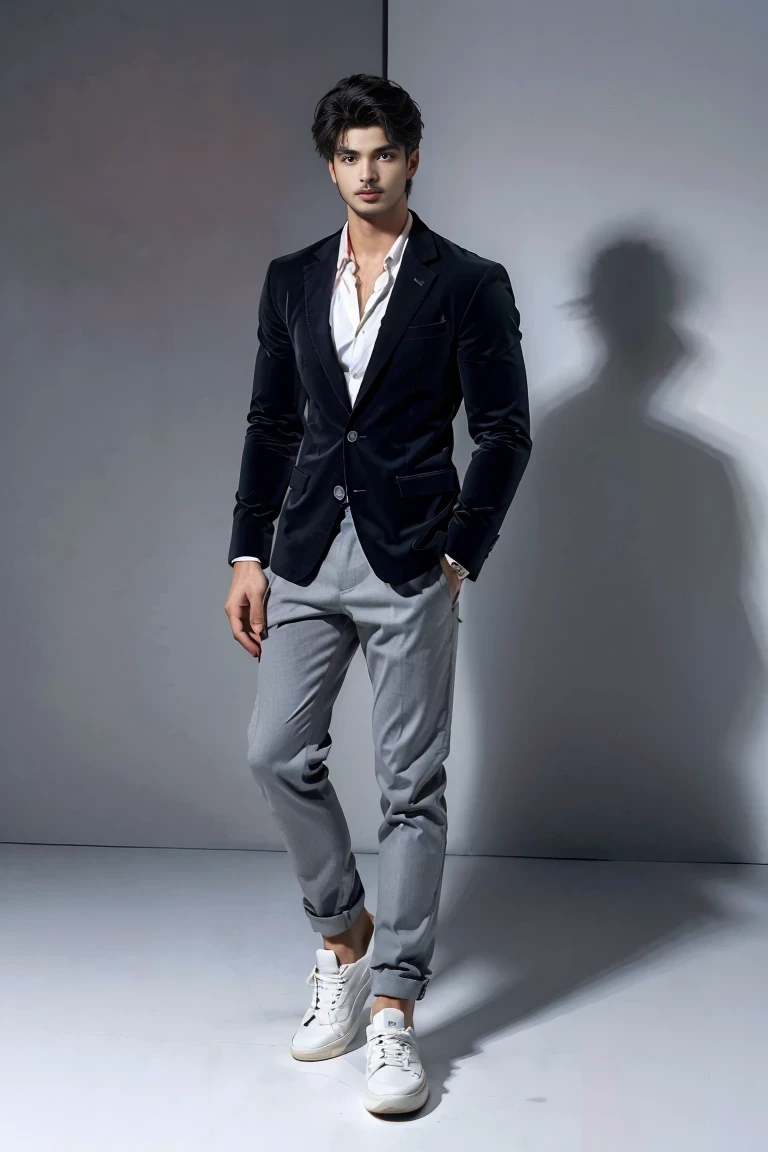 (face: Mariano di vaio), Maroon blazer + White sneakers + Charcoal gray shirt + sapphire blue trousers, standing, full_body view, full_body shot.