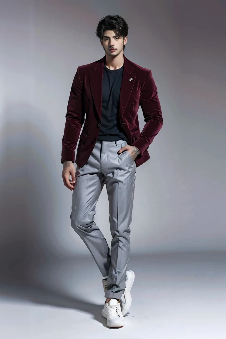 (face: Mariano di vaio), Maroon blazer + White sneakers + Charcoal gray shirt + sapphire blue trousers, standing, full_body view, full_body shot.