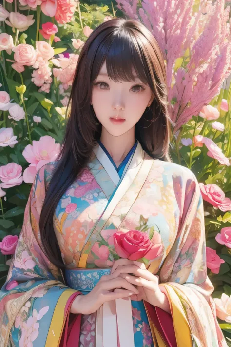 A beautiful Korean girl surrounded by a flower,  high detail,  A vibrant scene ,  emphasizes her upper body  , masterpiece :1.2,  high res, Mathematical art  ,  beautiful details :1.2,  extremely detailed ,  A dynamic scene as colorful as possible  ,  repr...