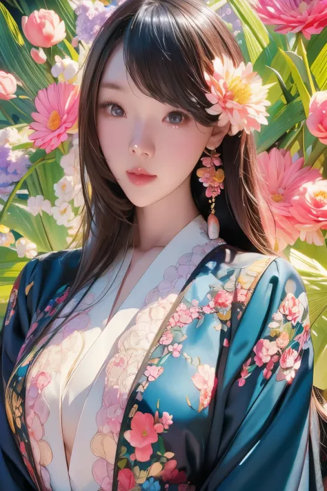 A beautiful Korean girl surrounded by a flower,  high detail,  A vibrant scene ,  emphasizes her upper body  , masterpiece :1.2,  high res, Mathematical art  ,  beautiful details :1.2,  extremely detailed ,  A dynamic scene as colorful as possible  ,  repr...