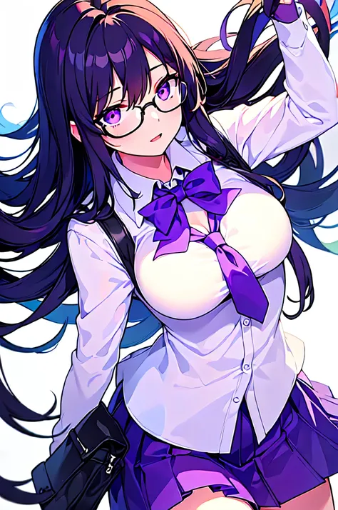 [(WHITE BACKGROUND:1.5),::5], ((((masterpiece)))), high quality, full color, breasts, from_below, focus on eyes, girl, woman, female, younger girl, 20 years old, long hair, Black hair, Excited, (Purple eyes), school uniform, glasses,