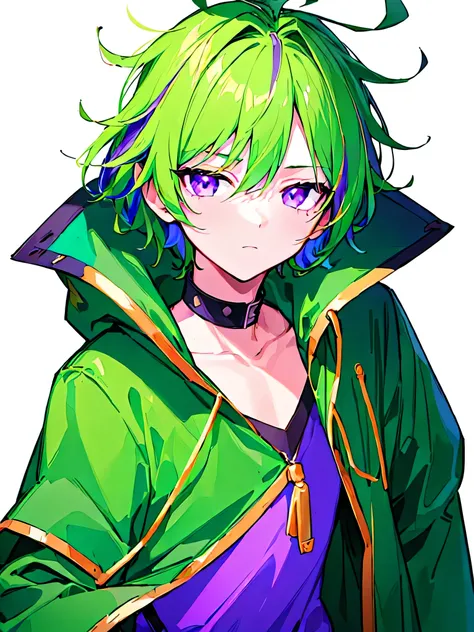 [(WHITE BACKGROUND:1.5),::5], ((((masterpiece)))), high quality, ultra very high resolution, full color, (((solo))), ((little younger boy)), ((mens Green hair)), (Purple streaked hair), (Purple eyes), anime, ((upper body)), neon light, black parka, 