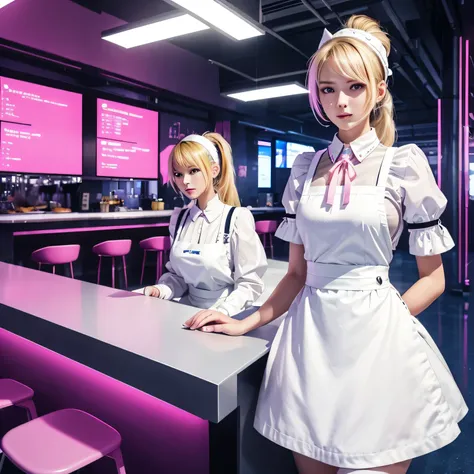 (futuristic cafeteria), 1 girl, (slender), looking at another, blonde, low ponytail, (20 years old), (maid), (white apron dress), ribbon tie, head dress, (cyber punk), pink light