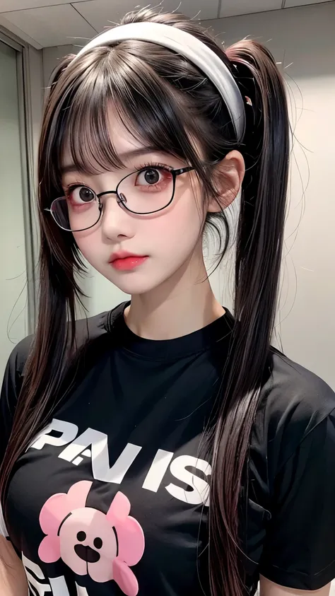 Tiny girl, black hair, black eyes, beautiful, nerdy t-shirt, pastel colors, upper body close-up, sagging boobs, lipgloss, brat, big round glasses, korean, wide mouth, submissive, straight bangs, looking up, pink cheeks, pigtails, nerdy, 