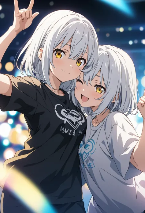 Two Girls, twins, masterpiece, Highest quality, Highly detailed CG Unity 8k wallpaper, High School Girl Anime Illustration. Wear an oversized t-shirt and oversized pants、Make a finger gun gesture to the audience, she has her eyes closed and mouth open, smi...