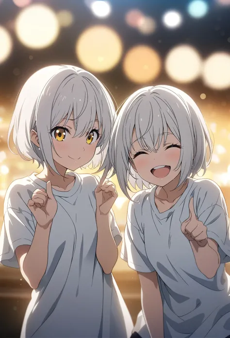 Two Girls, twins, masterpiece, Highest quality, Highly detailed CG Unity 8k wallpaper, High School Girl Anime Illustration. Wear an oversized t-shirt and oversized pants、Make a finger gun gesture to the audience, she has her eyes closed and mouth open, smi...