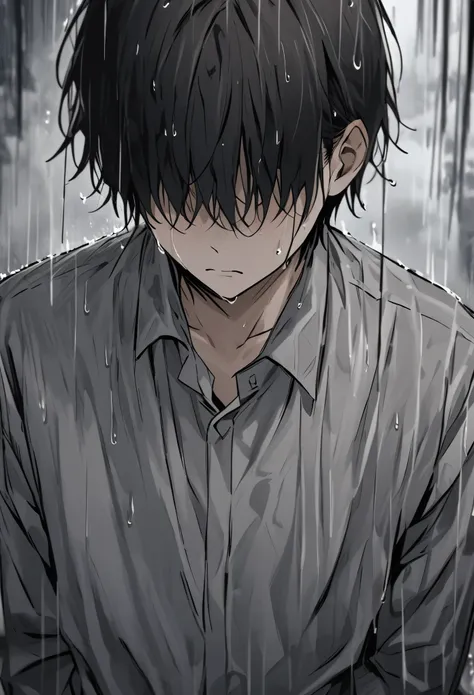 A young 18-year-old with his head tilted downward, his face obscured by his wet, dark hair, short hair, which falls in a messy fringe covering his eyes. His expression is hidden, but the posture and atmosphere convey a deep sense of melancholy and sadness....