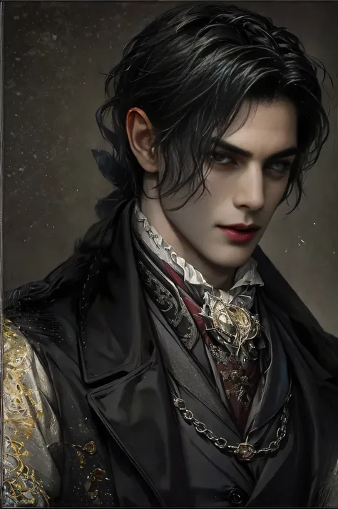 A young man with black shoulder-length black hair. Vampiric handsomeness. Sharp eyes. Serious but intelligent-looking, wearing a pocket watch. Portrait style, victorian.