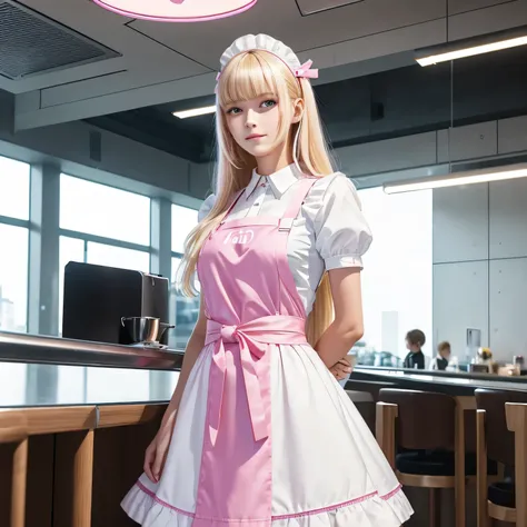 (futuristic cafeteria), 1 girl, german, (slender), cool, blonde, wave  long hair, short bangs,  (20 years old), (maid),  slim face, half smile, pink y-shirt, (white apron dress), ribbon tie, head dress, (cyber punk), pink light