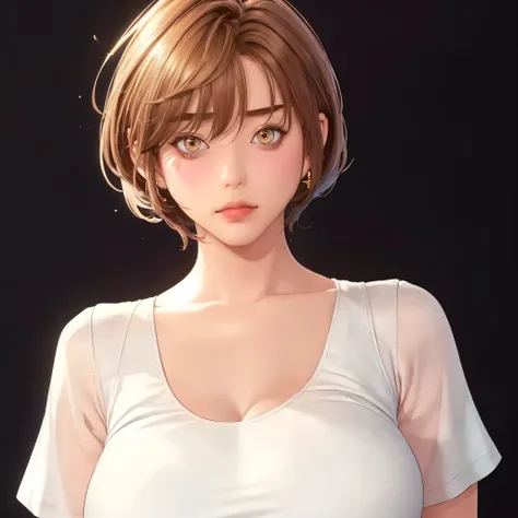 (（（figure，御姐figure,White and tender skin,（（（Yellow short sleeved, blue denim triangle shorts）））,(（（Soridef，brown eyes，brown hair，short hair,））),，((masterpiece)), highres icon,((Best quality at best)),masterpiece,quality,Best quality,(（（  to the audience,Li...