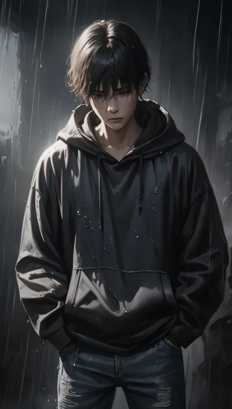 a young man with short dark hair, mysterious expression, partially obscured face, soaked dark hoodie, simple black t-shirt, worn...