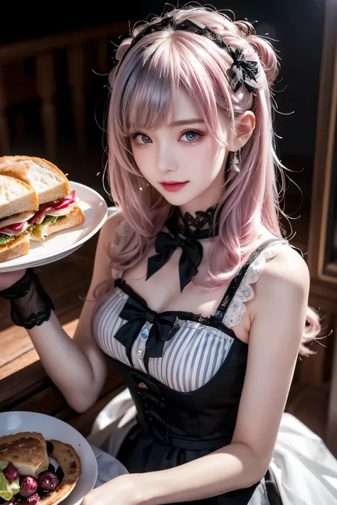 in a cafe, bring sandwiches and hot coffee on the tray, sunshine sades in, maid, servant, wearing gothic lolita fashion, shot fr...