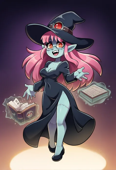 1girl, young girl, zombie girl, glowing green skin, witches attire, witch hat, stitches on face, stitches on arms, detailed zombie makeup, dark eyeshadow, black witch dress, long sleeves, cute zombie, nerdy glasses, sharp glasses, innocent face, friendly e...