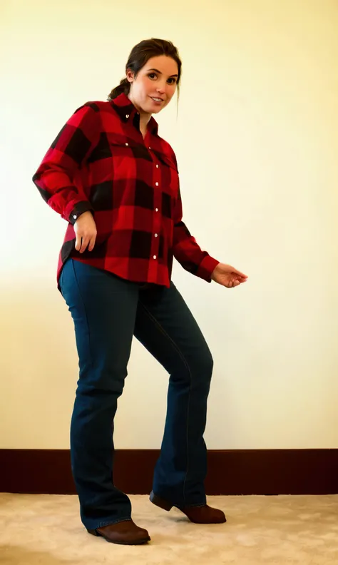 araffe woman in red and black plaid shirt standing in a room, wearing a red lumberjack shirt, wearing a flannel shirt, flannel, wearing plaid shirt, wearing a plaid shirt, red and black, lumberjack flannel, wearing a shirt and a jean, full body picture, wi...