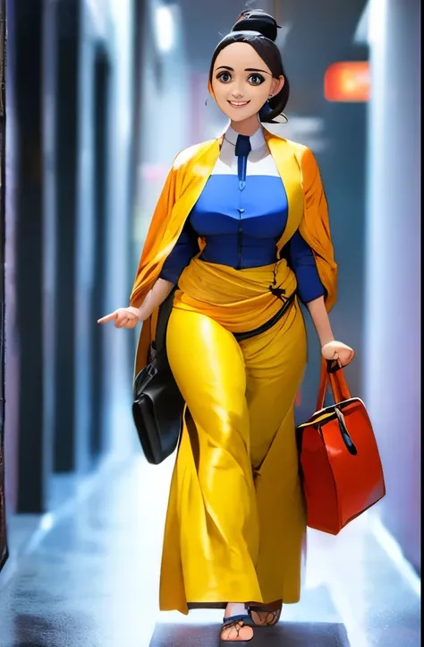 a woman walking on the road holding the bag 3d animation, wearing attractive clothes in a suit salwar, a good figure,