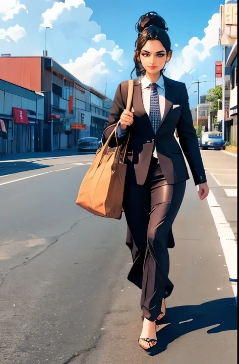 a woman walking on the road holding the bag 3d animation, wearing attractive clothes in a suit salwar, a good figure,